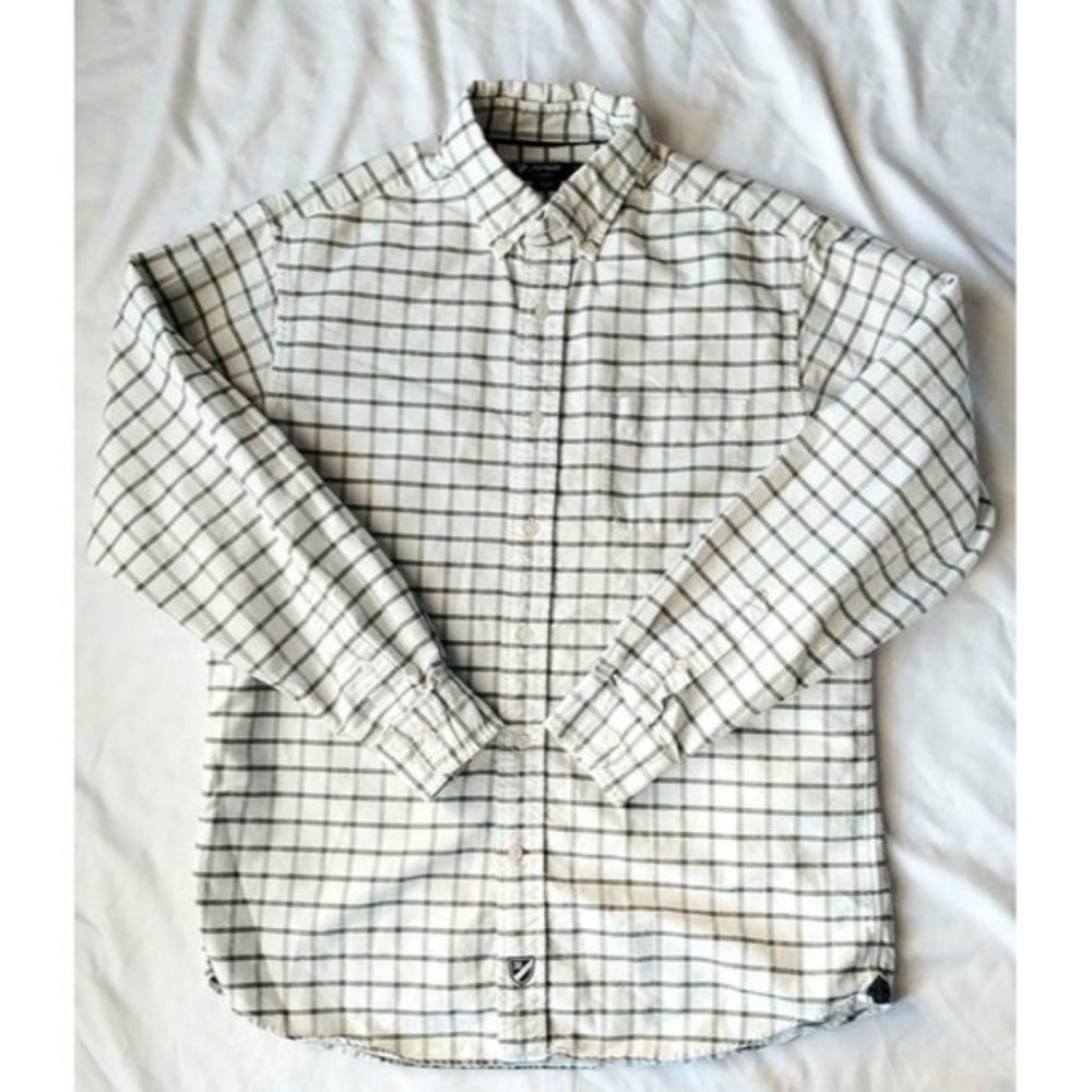 Cremieux Classics Men's Button Down Plaid Cream Green Shirt Medium